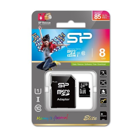 Karta pamięci Silicon Power microSDHC Elite 8GB CL10 UHS-1 (U1) + ADAPTER microSD-SD (SP008GBSTHBU1V10SP)