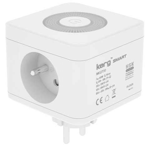 Kerg smart - kostka zasilająca 2-gniazdowa + ładowarka USB-A+USB-C + lampka LED 16A/250V~