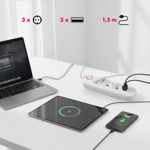 MACLEAN LISTWA ZASILAJĄCA, PRZEDŁUŻACZ 3 GNIAZDA + 3XUSB, 110-240V AC 50/60HZ, 2.1A MAX 2500W, 1,5M, BIAŁA MCE394 W