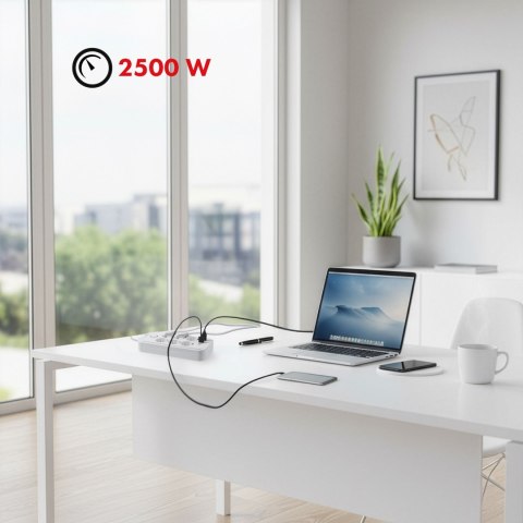 MACLEAN LISTWA ZASILAJĄCA, PRZEDŁUŻACZ 6 GNIAZD + 4XUSB, 110-240V AC 50/60HZ, 2.1A MAX 2500W, 3M, BIAŁA MCE391 W