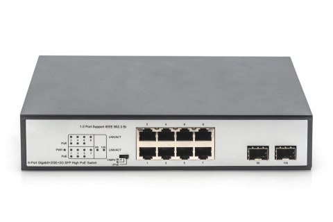 Digitus Przełącznik sieciowy niezarządzalny desktop 8x RJ45 Gb/s (w tym 6xPoE)+ 2x SFP, PoE++ max budżet 180W
