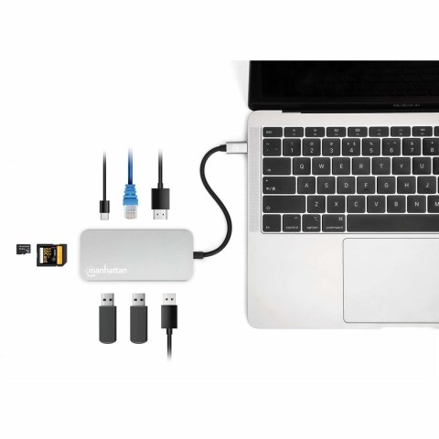 Stacja dokująca MANHATTAN USB-C 8 w 1 z zasilaniem USB 3.2 Gen 1 Type-C męski na żeński HDMI, trzy porty USB-A, gigabitowy port 
