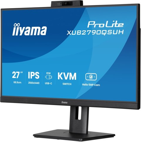 Monitor iiyama XUB2790QSUH-B2 27" IPS-panel 2560x1440 100Hz Windows Hello Kamera 5MP Auto Focus 15cm regulacja wysokości stojaka