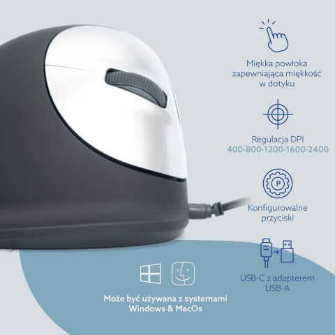 Ergonomiczna mysz dla praworęcznych R-Go Pele HE USB duża czarna/srebrna retail