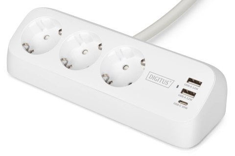 Digitus 3-drożna biurowa listwa zasilająca z 2 złączami USB-A i 1 złączem USB-C, biała