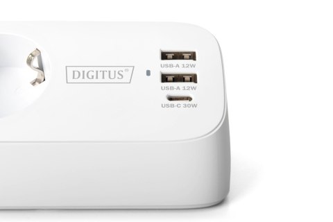 Digitus 3-drożna biurowa listwa zasilająca z 2 złączami USB-A i 1 złączem USB-C, biała