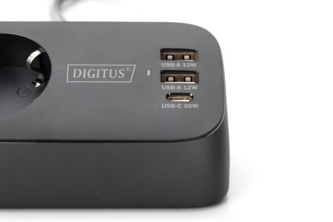 Digitus 3-drożna biurowa listwa zasilająca z 2 złączami USB-A i 1 złączem USB-C, czarna