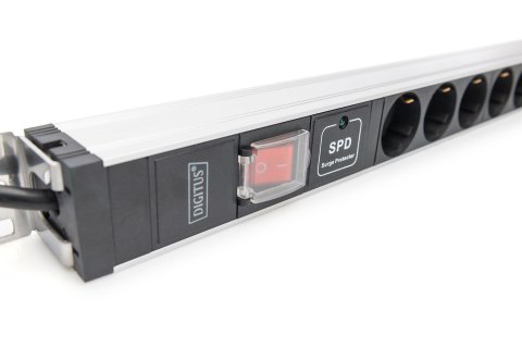 Digitus Listwa zasilająca z profilem aluminiowym, z wyłącznikiem i zabezpieczenie przed przepięciami, 12 gniazd ze stykami ochro