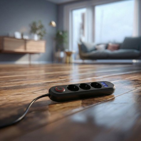 MACLEAN LISTWA ZASILAJĄCA, PRZEDŁUŻACZ 3 GNIAZDA + 3XUSB, 110-240V AC 50/60HZ, 2.1A MAX 2500W, 1,5M, CZARNA MCE394 B