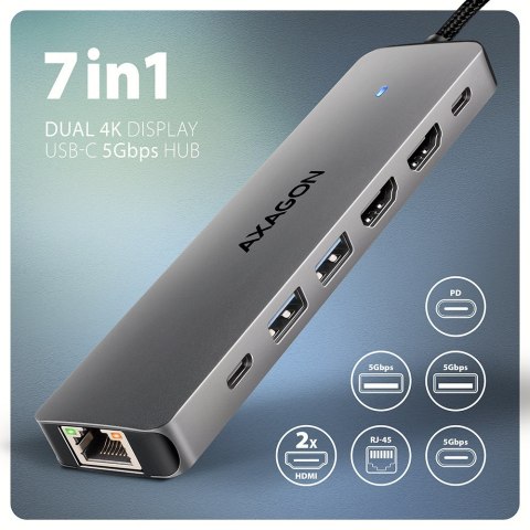 Hub USB Axagon HMC-7HX2 USB 3.2 Gen 1 (3.1 Gen 1) Type-C Szary