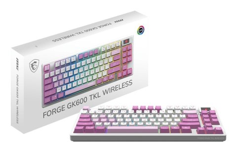MSI FORGE GK600 TKL WIRELESS VIOLET klawiatura Gaming USB + Bluetooth QWERTY Hiszpański Różowy, Fioletowy, Biały