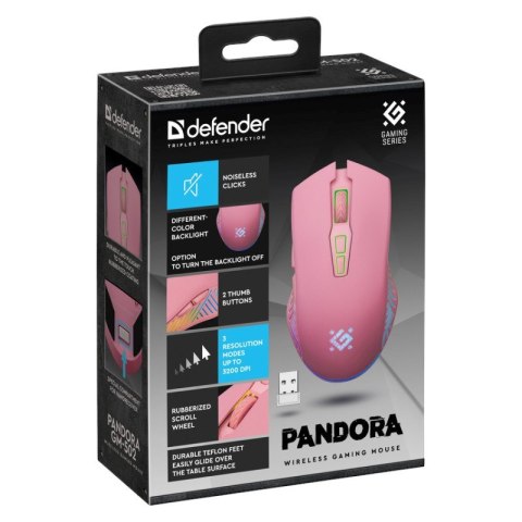DEFENDER MYSZ BEZPRZEWODOWA PANDORA GM-502 RF 3200DPI 7P RÓŻOWA 52501