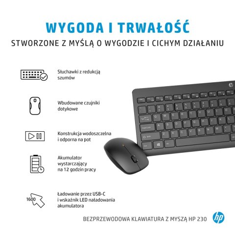 Zestaw klawiatura + mysz HP 230 Wireless Mouse and Keyboard Combo bezprzewodowe czarne Niemiecki układ klawiszy QWERTZ 18H24AA#A