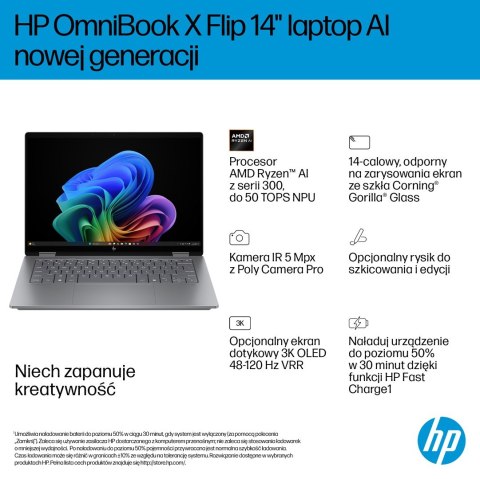 HP OmniBook X Flip 2in1 14-fk0020nw Ryzen AI 5 340 14"2K OLED 300nits LBL Glosy 16GB LPDDR5x SSD512 Radeon 840M Cam5MP+IR 59Wh W