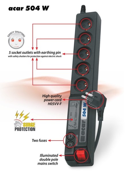 Listwa przeciwprzepięciowa Acar 504WF EMI/RFI (3m ; czarny z blachą)