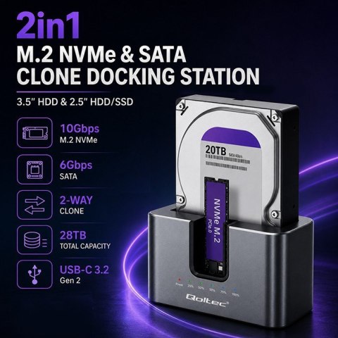 QOLTEC STACJA DOKUJĄCA HDD SSD | SATA | M.2 NVME | KLONOWANIE | USB-C | 10GB/S