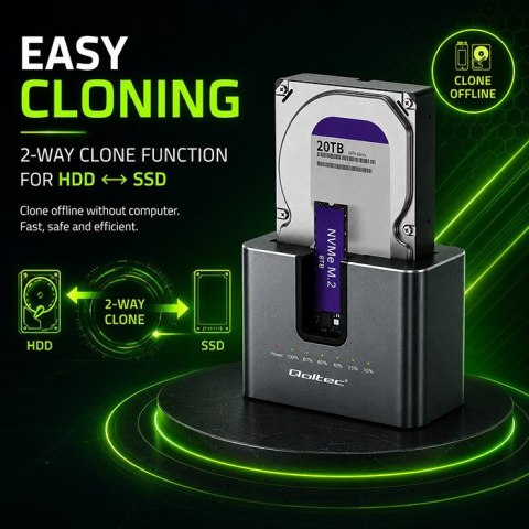 QOLTEC STACJA DOKUJĄCA HDD SSD | SATA | M.2 NVME | KLONOWANIE | USB-C | 10GB/S