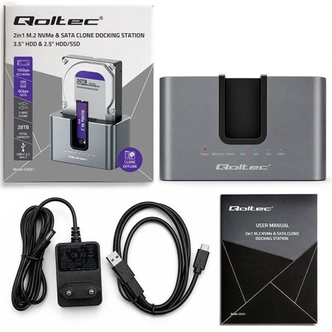 QOLTEC STACJA DOKUJĄCA HDD SSD | SATA | M.2 NVME | KLONOWANIE | USB-C | 10GB/S