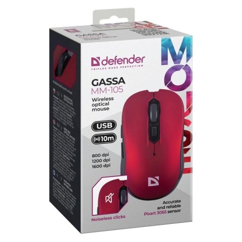 DEFENDER MYSZ BEZPRZEWODOWA GASSA MM-105 RF SILENT CLICK CZERWONA 52103