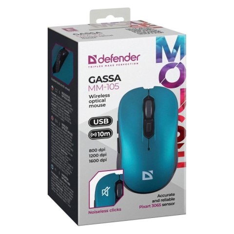 DEFENDER MYSZ BEZPRZEWODOWA GASSA MM-105 RF SILENT CLICK NIEBIESKA 52102